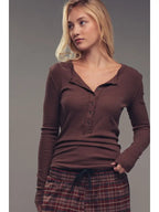 Ribbed Henley Long Sleeve Top