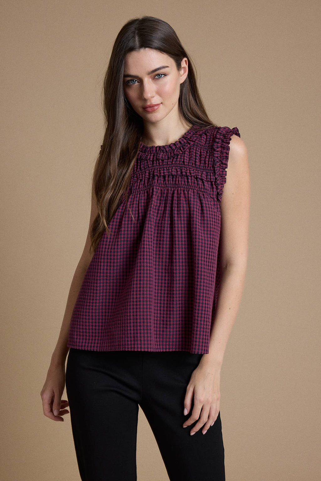 Smocked Ruffle Gingham Sleeveless Top