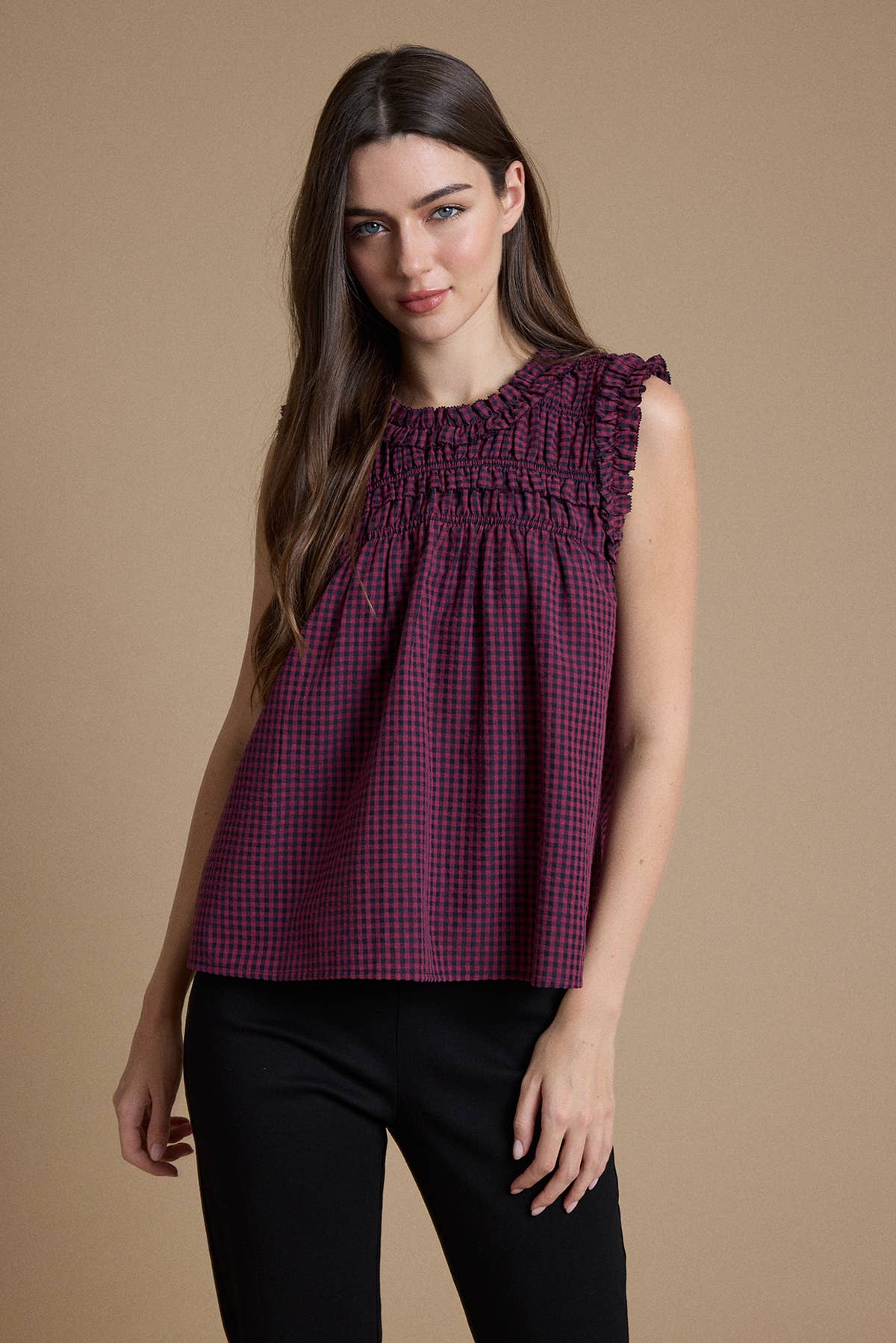 Smocked Ruffle Gingham Sleeveless Top