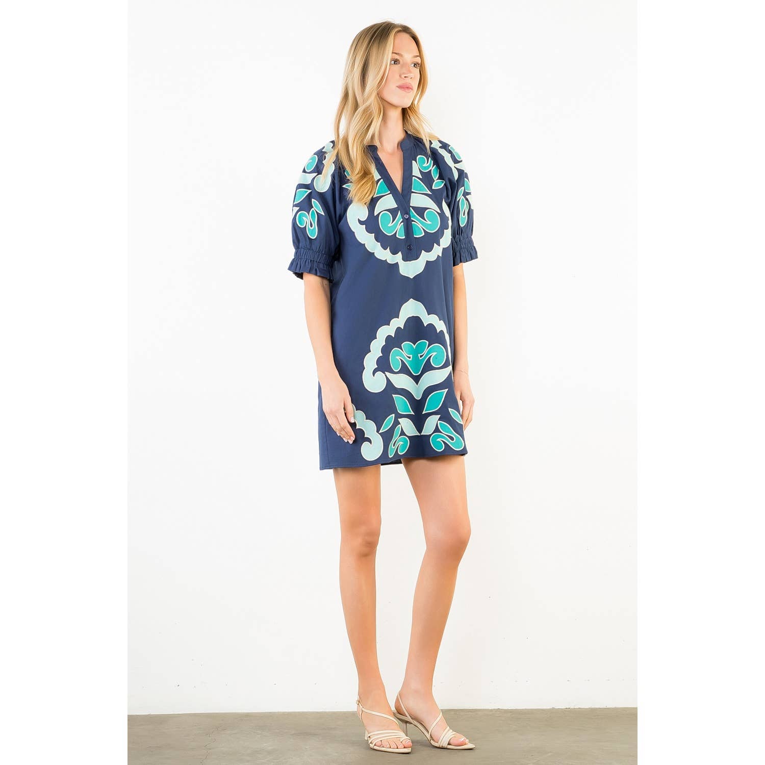 Puff Sleeve Embroidery V-Neck Dress