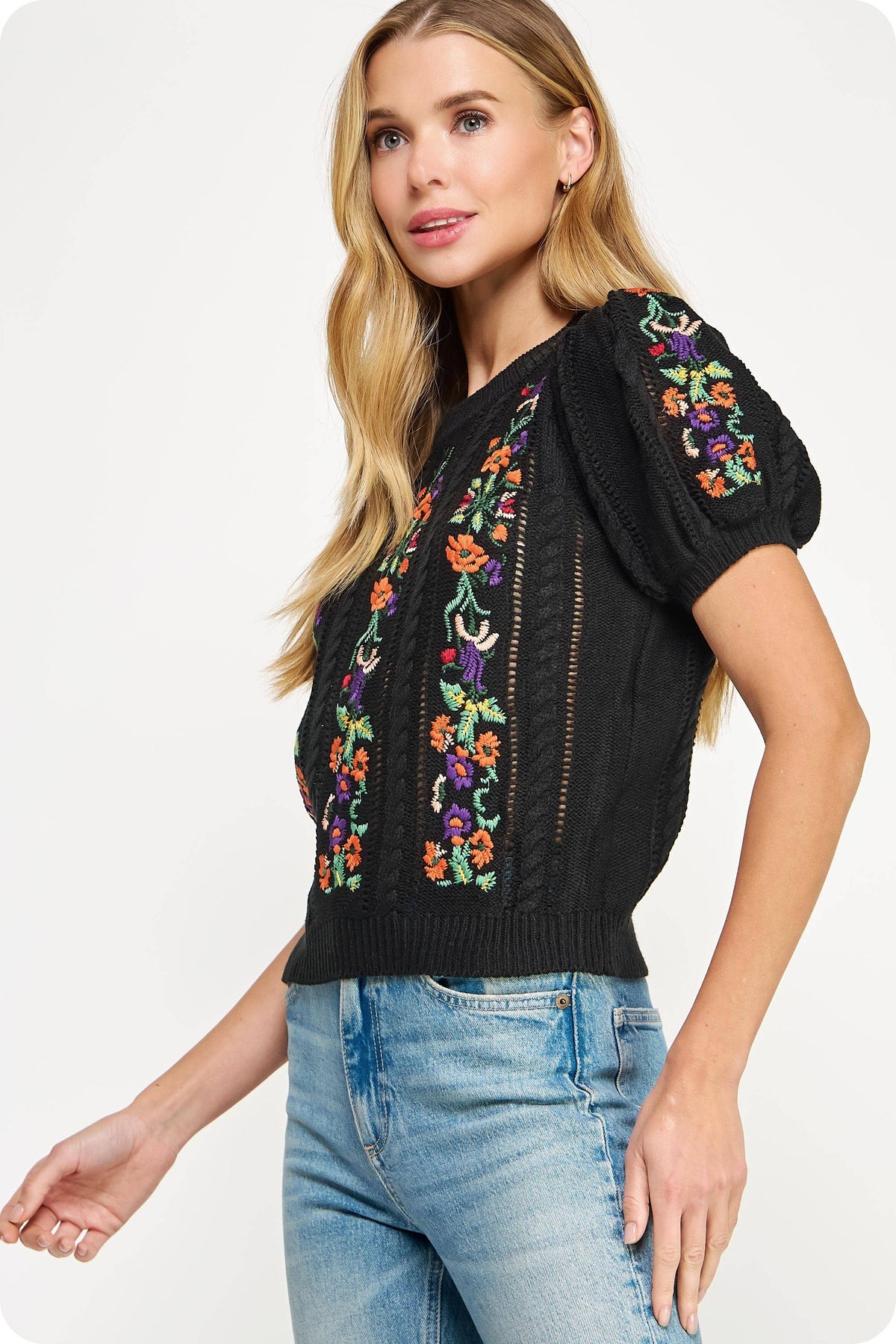 Floral Embroidered Pointelle Knitted Top