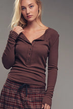 Ribbed Henley Long Sleeve Top