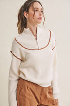 WHIPSTITCH EMBROIDERY HALF ZIP SWEATER