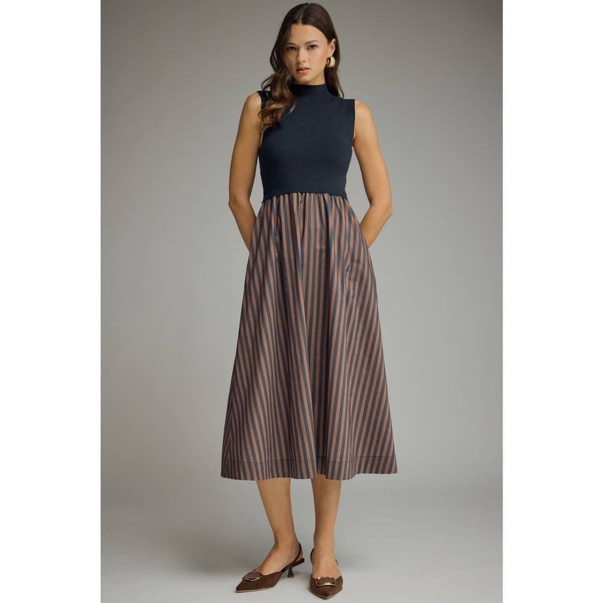 Navy & Chocolate Mock Neck Sleeveless Midi Dress