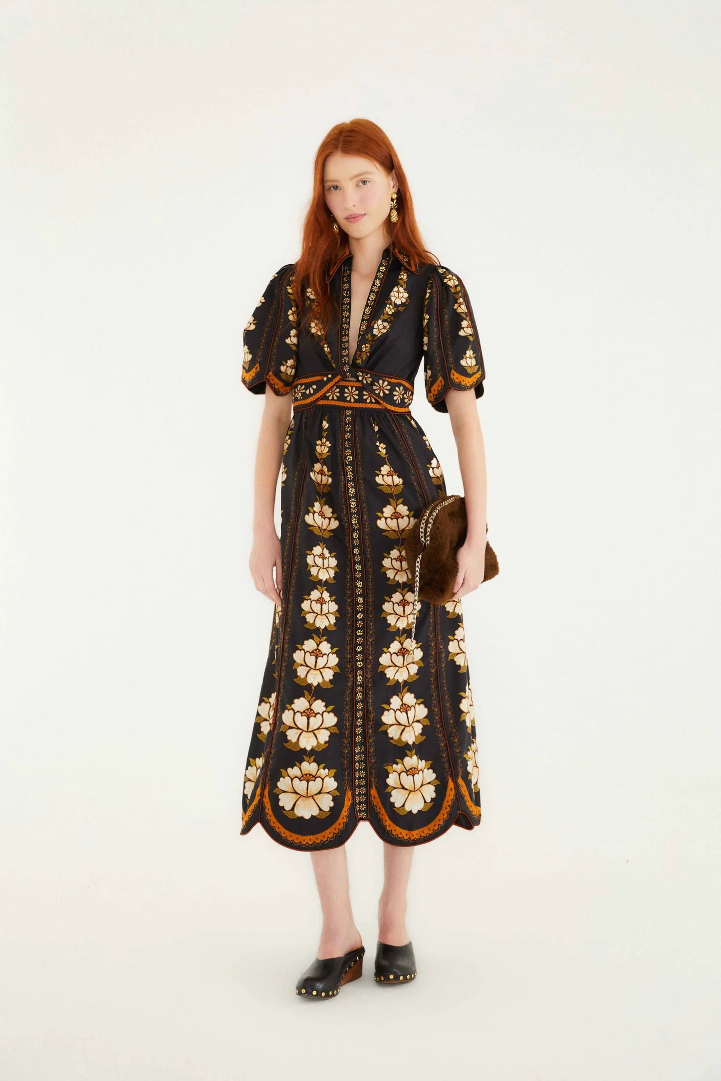 Black Embroidered Flowers Midi Dress