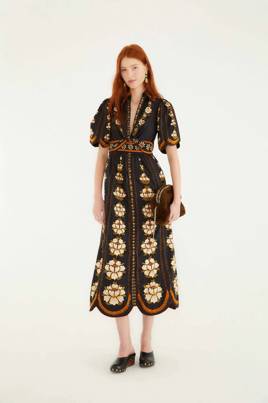 Black Embroidered Flowers Midi Dress