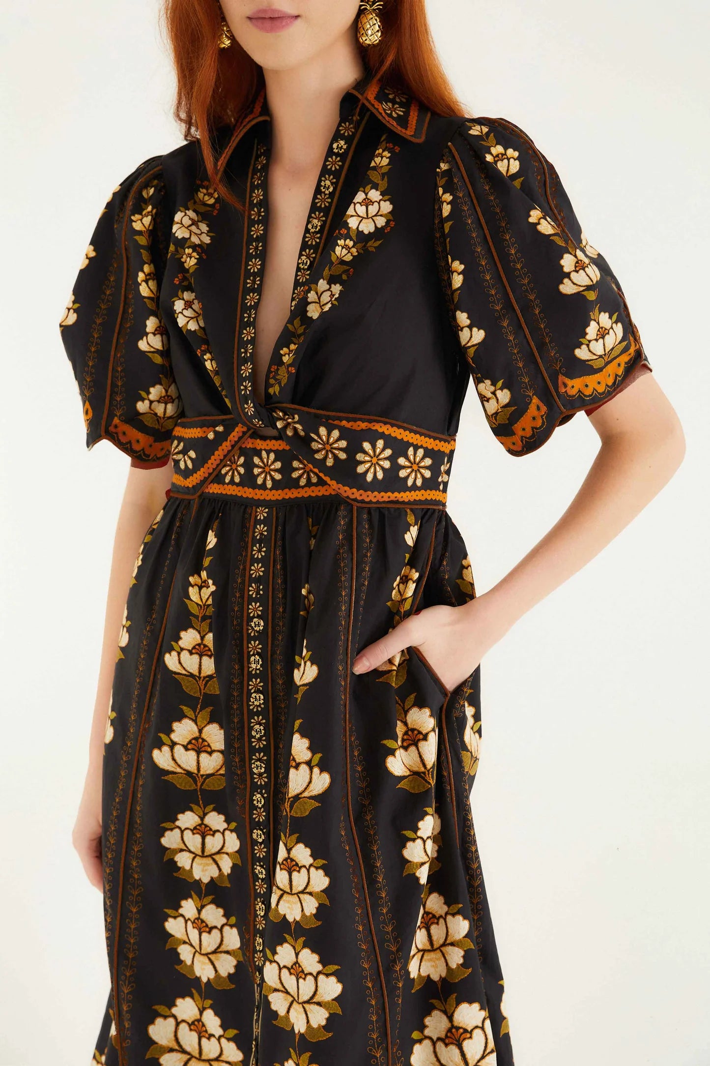Black Embroidered Flowers Midi Dress
