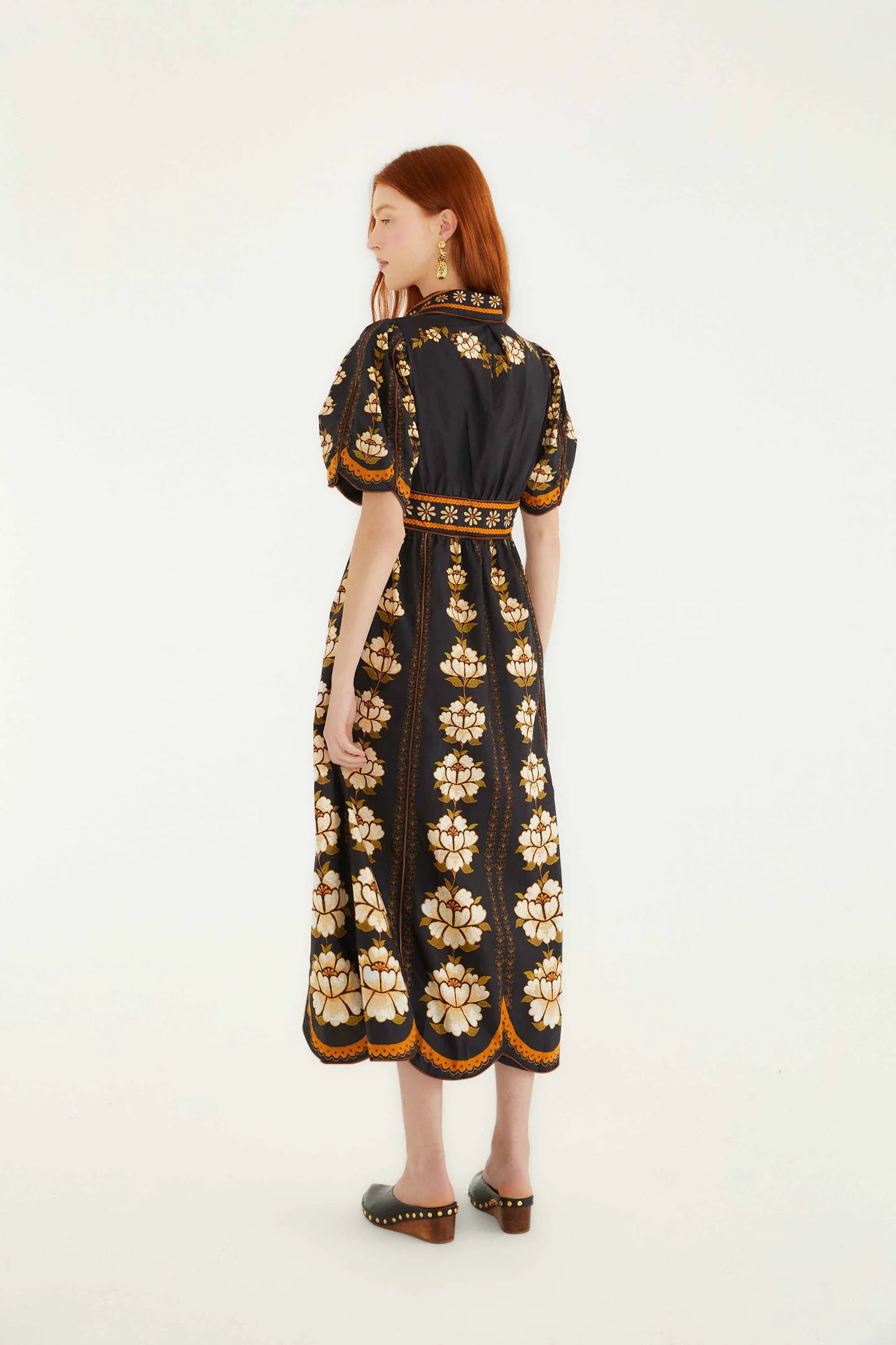 Black Embroidered Flowers Midi Dress