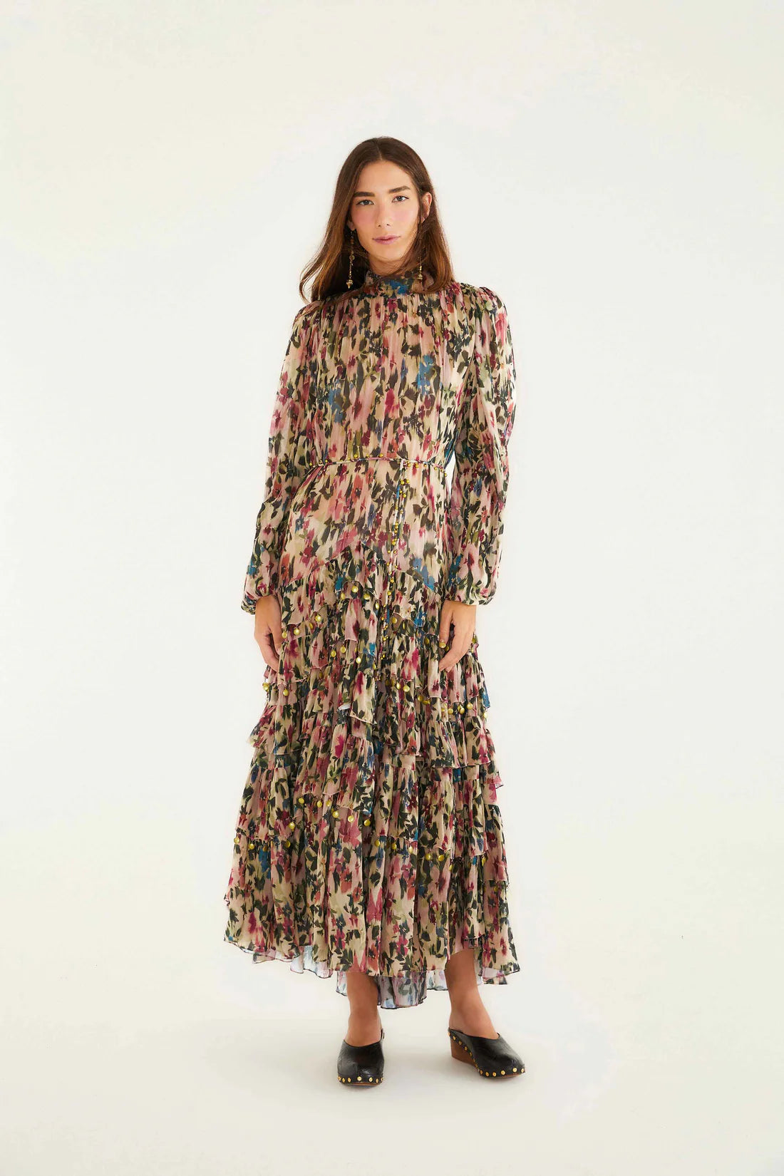 Blurry Tiny Floral Pink Long Sleeve Maxi Dress