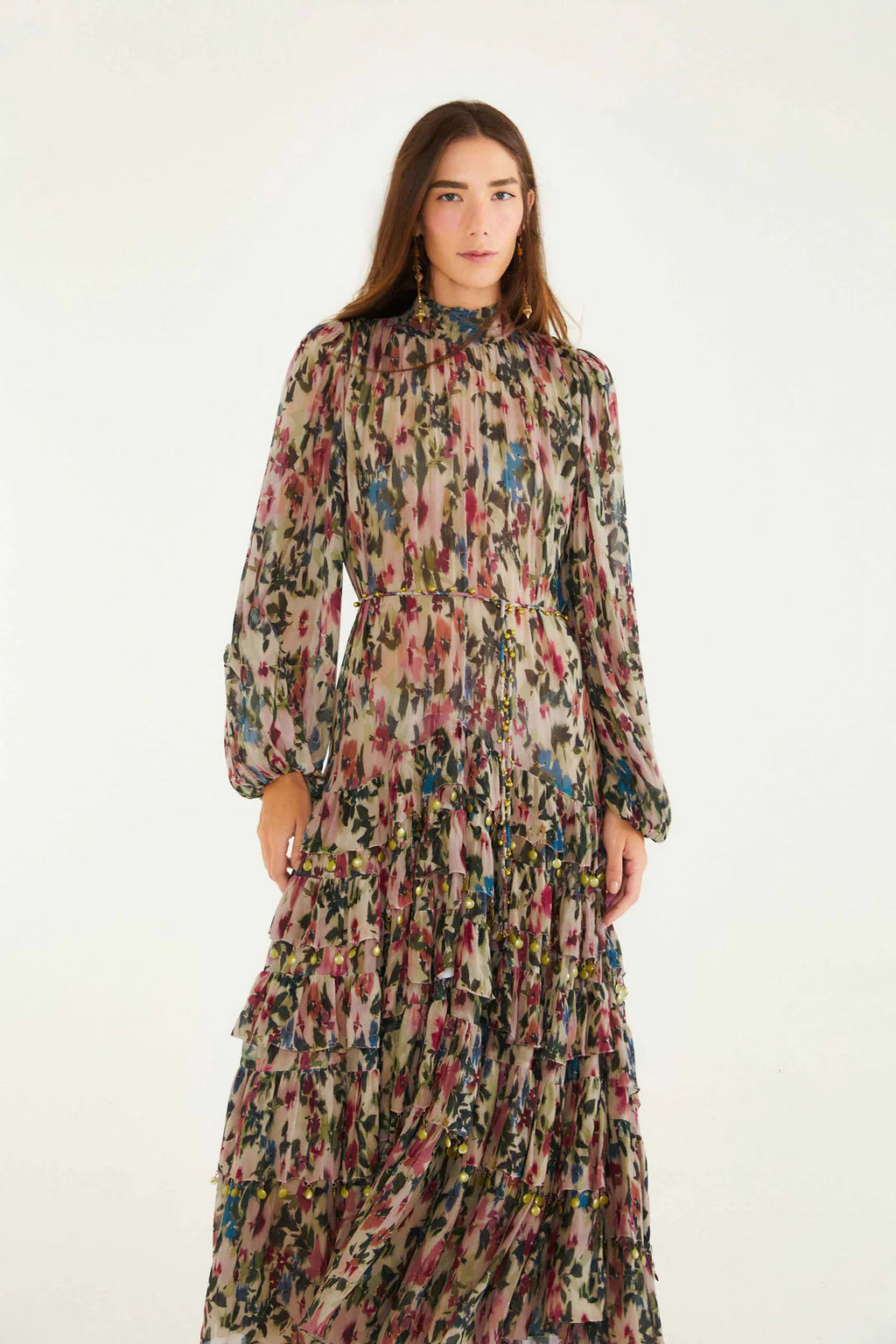 Blurry Tiny Floral Pink Long Sleeve Maxi Dress