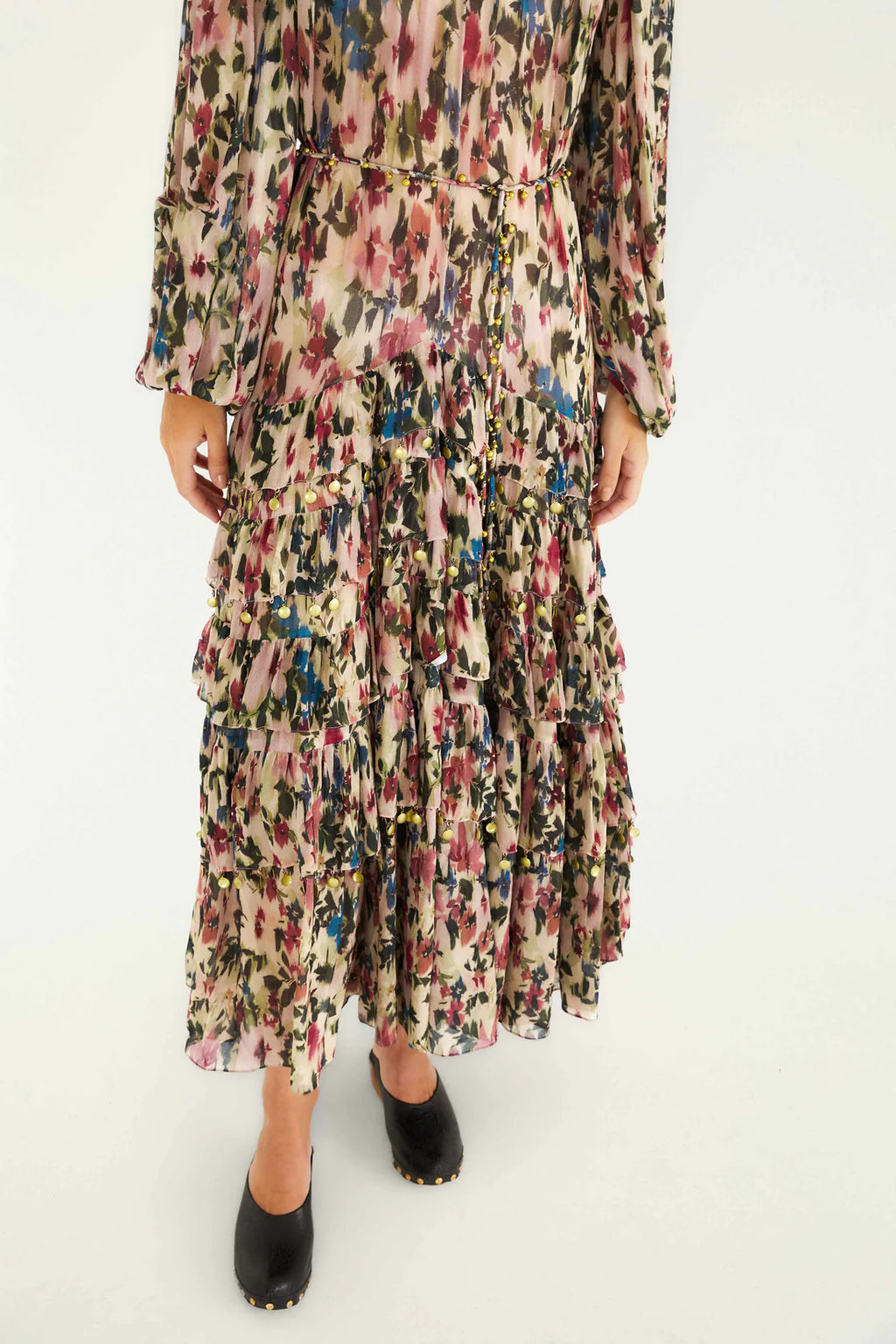 Blurry Tiny Floral Pink Long Sleeve Maxi Dress