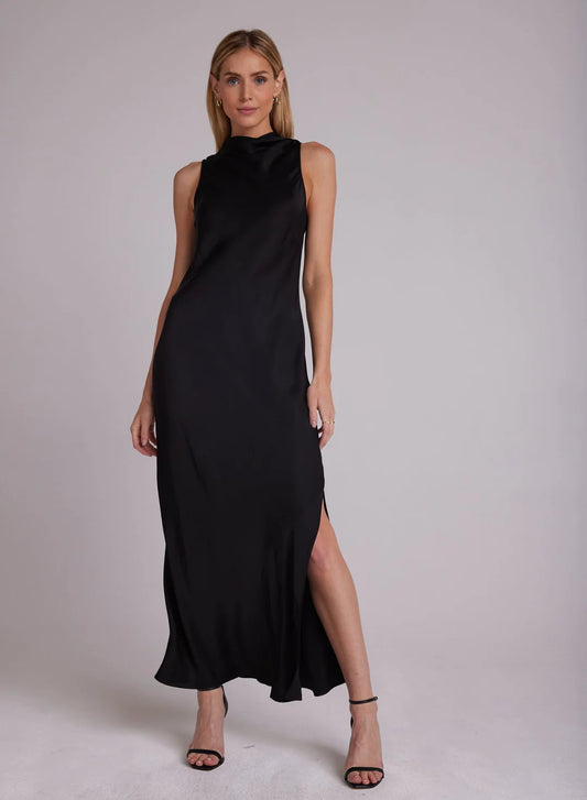 Side Slit Satin Column Dress - Black